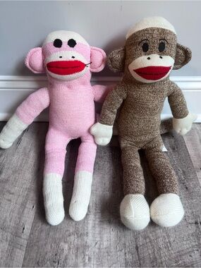 Set of 2 Sock Monkeys - pink & brown